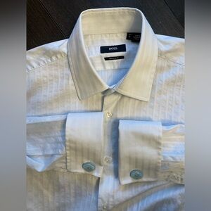 Hugo Boss -All cotton white striped dress shirt French Cuffs Size 41 (16”neck)